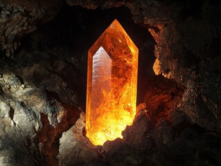 Luminous orange crystal stands tall, emanating a radiant glow against the dark cave. A hidden gem revealed, a beacon of light and wonder.