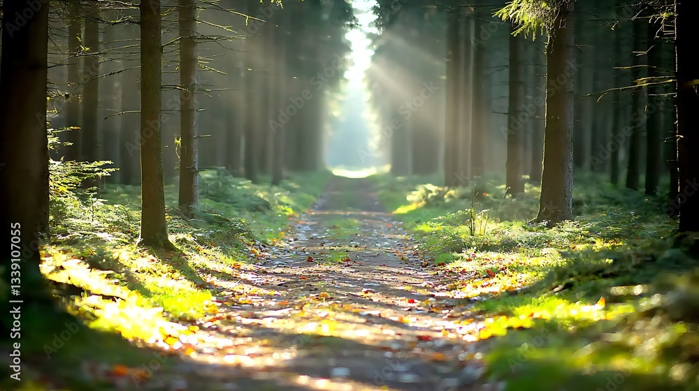 Poster sunlight filtering through trees along a tranquil path in a lush green forest landscape