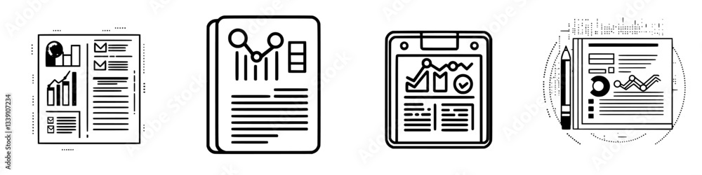 Poster various types of business and data analysis reports displayed on a clean workspace