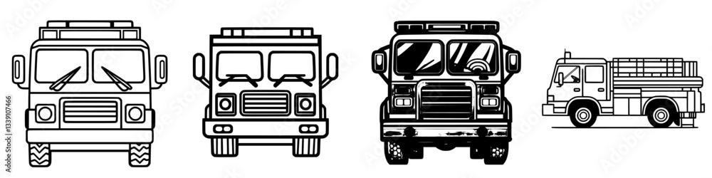 Poster multiple perspectives of fire trucks highlighting their design and structure in a minimalist style