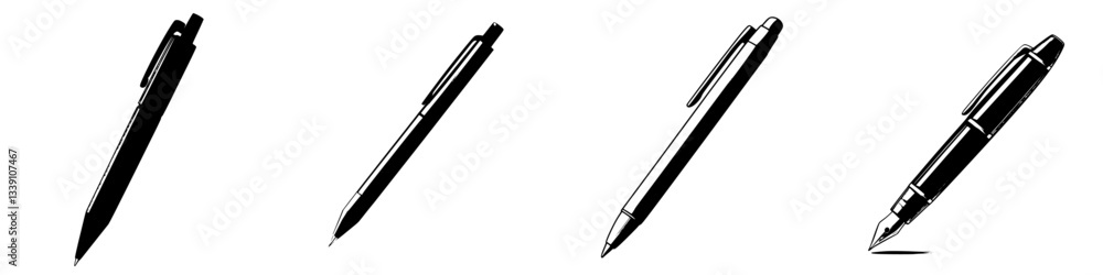 Poster various designs of black pens showcasing different styles and functionalities in a simple layout