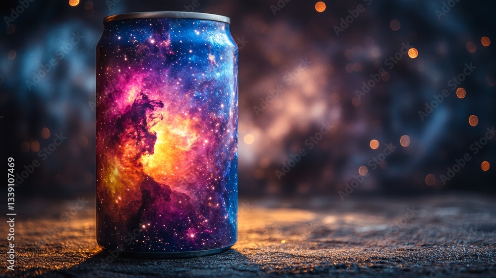 Poster A beverage can featuring a vibrant cosmic design with swirling colors stands on a textured surface. The background is filled with glowing light effects, creating a captivating atmosphere.