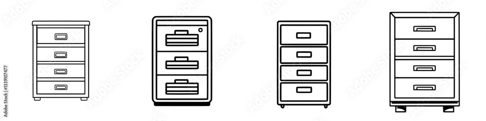 Poster collection of various drawer designs displayed in simple black outline style on white background