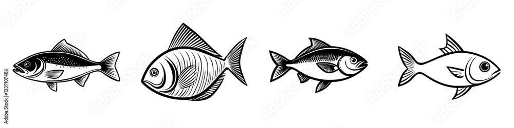 Poster different types of fish illustrated in a simplistic black and white style showcasing their unique sh
