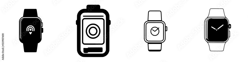 Poster various designs of smartwatches displaying different functionalities and styles in a minimalistic la