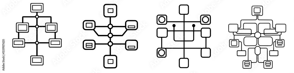 Poster different styles of network diagram illustrating connections and relationships between components in