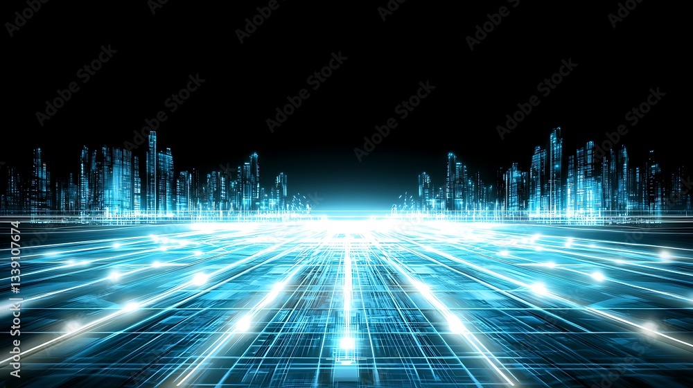 Poster futuristic digital cityscape with neon lights and moving data streams in a darkness background
