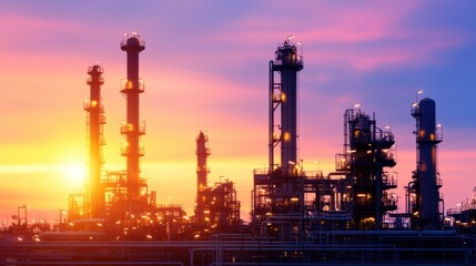 Fototapeta premium A silhouette of industrial structures against a vibrant sunset, perfect for illustrating themes of energy, production, and environmental impact, Suitable for articles or presentations on industry,