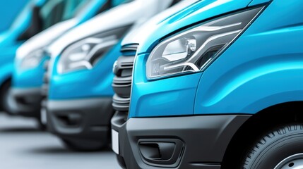 Naklejka premium A lineup of modern blue vans highlights their sleek designs and functionality, ideal for transport-related projects, delivery services, or logistics themes in marketing materials,