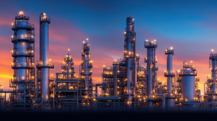 Fototapeta premium A vibrant industrial skyline at sunset, showcasing illuminated refinery towers and complex piping systems, Ideal for energy, manufacturing