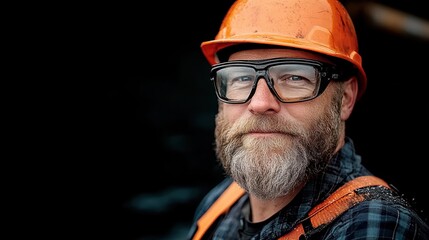 A confident construction worker with a beard, wearing an orange hard hat and protective glasses, poses against a dark background, Ideal for safety-themed projects or labor industry content,