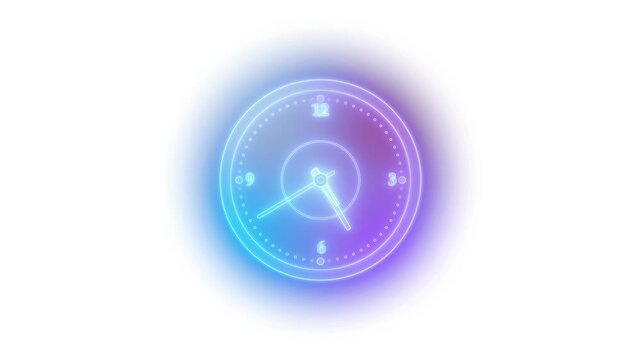 Colorful minimalist glow clock design isolated, The clock features a simple round face with white hour and minute hands on white background