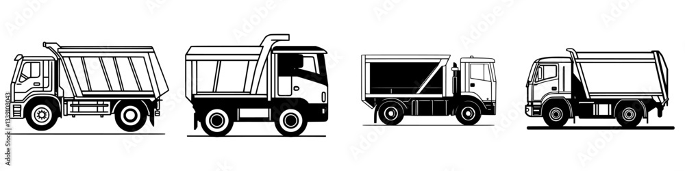 Poster different types of garbage trucks lined up in a row against a simple background