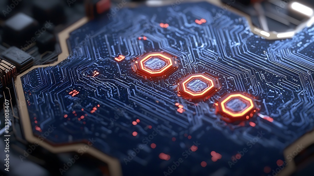 Poster close-up view of advanced circuit board with futuristic design and glowing elements in blue and oran