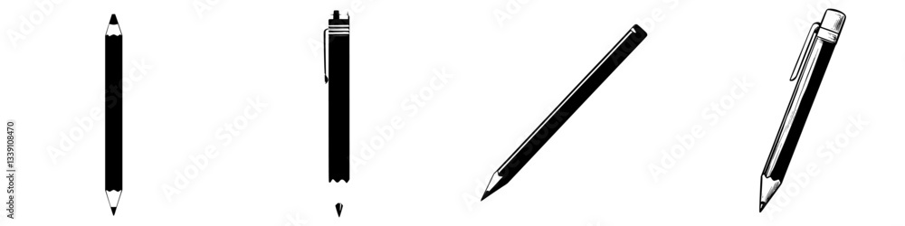 Poster collection of black pen illustrations depicting various styles and types of writing instruments in a