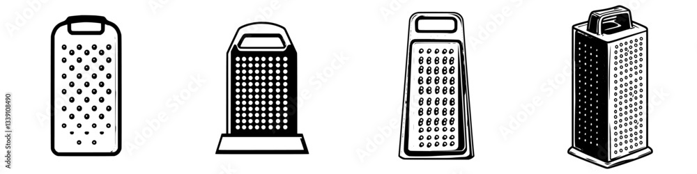Poster different styles of kitchen graters displayed in various arrangements showing versatile tools for fo