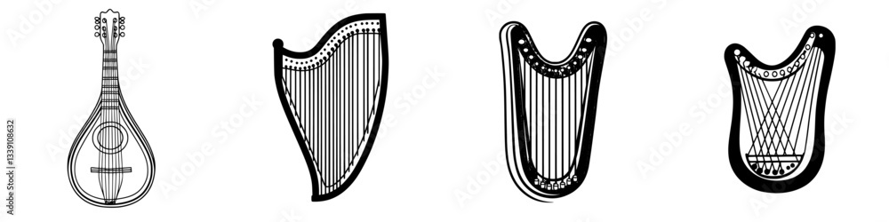 Poster different string instruments illustrated in a minimalist style featuring a mandolin and various harp
