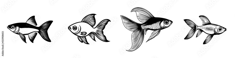 Poster illustrations of different types of fish swimming in a seamless line with varied shapes and styles