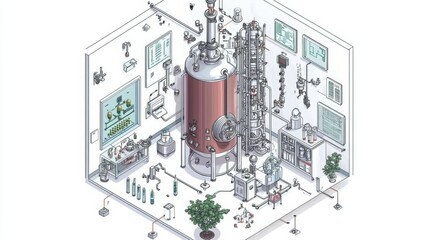Intricate Bioreactor System Diagram - Scientific Lab, Engineering Technology, and Detailed Isometric Illustration