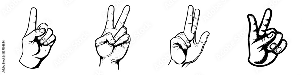 Poster various hand gestures depicting numbers one to four with clear outlines and distinct styles