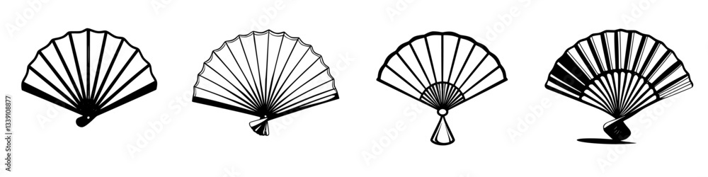 Poster decorative fans displayed in a row showcasing various designs and styles in a minimalistic art setti