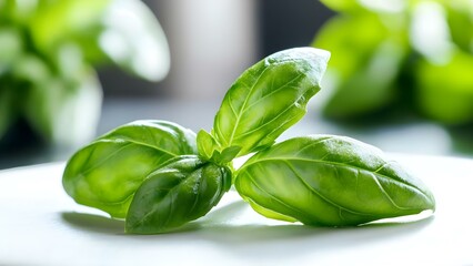 Obraz premium Fresh green basil leaves arranged on a surface, showcasing their vibrant color and smooth texture. Concept Fresh Basil Leaves, Vibrant Green Color, Smooth Texture, Culinary Herb, Botanical Aesthetics