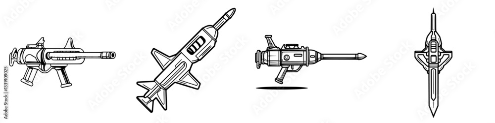 Poster various futuristic weapon designs featuring sleek lines and unique structures for a science fiction 