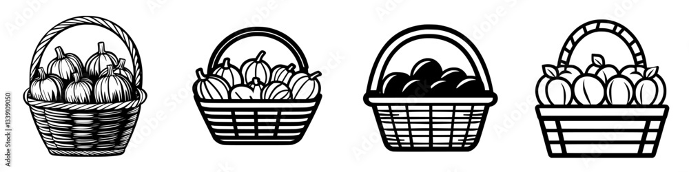Poster different styles of fruit and vegetable baskets displayed in a simple design