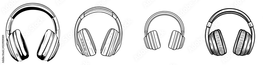 Poster different styles of headphones displayed in a minimalistic design, showcasing various shapes and fea