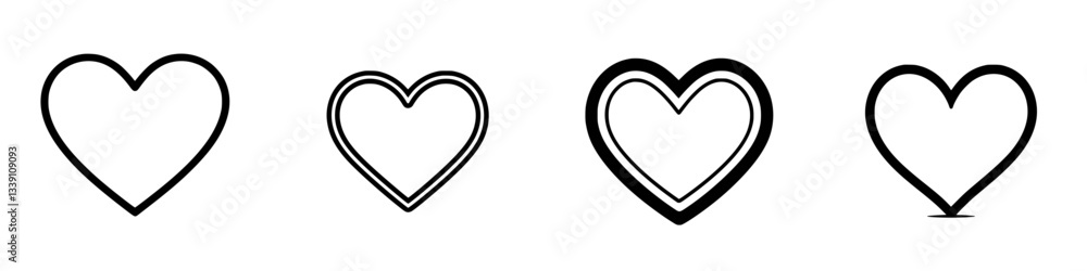 Poster variations of heart shapes representing love and affection with different designs and styles