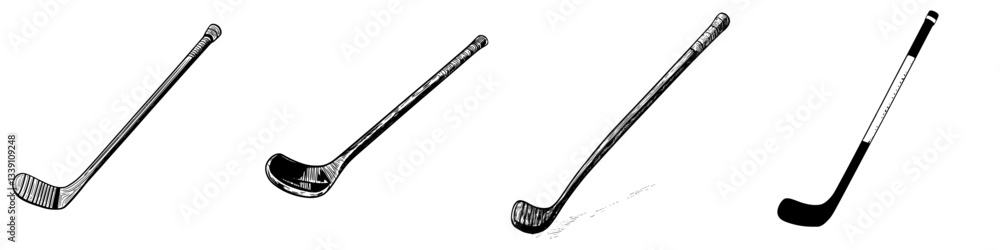 Aufkleber different types of hockey sticks displayed in a row on a plain background