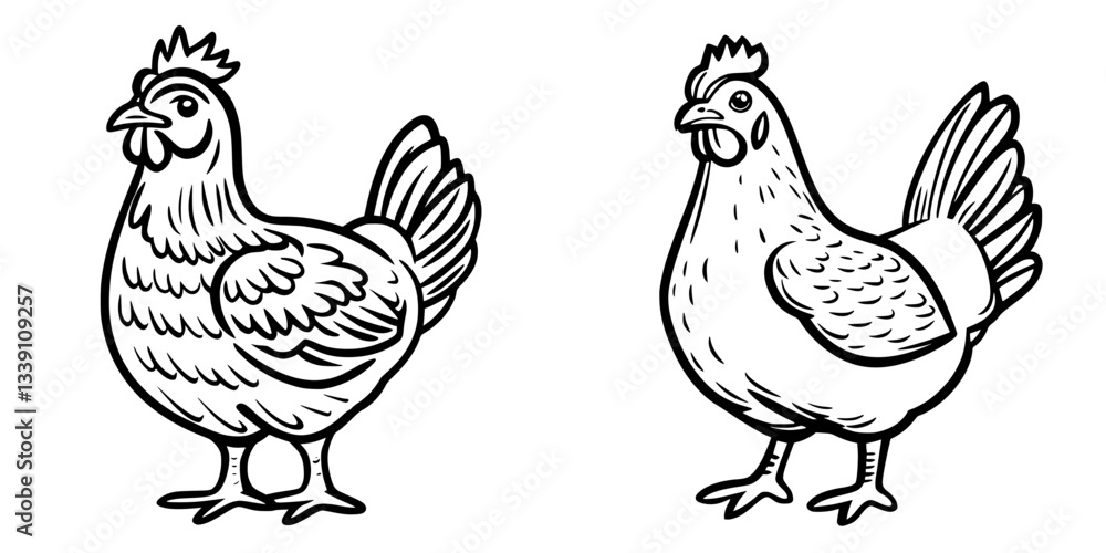 Poster two distinct black and white illustrations of chickens standing side by side in a simple style showc