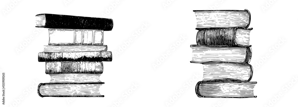 Poster color image of a stack of books is presented in a set of hand-drawn modern sketch engravings as an i