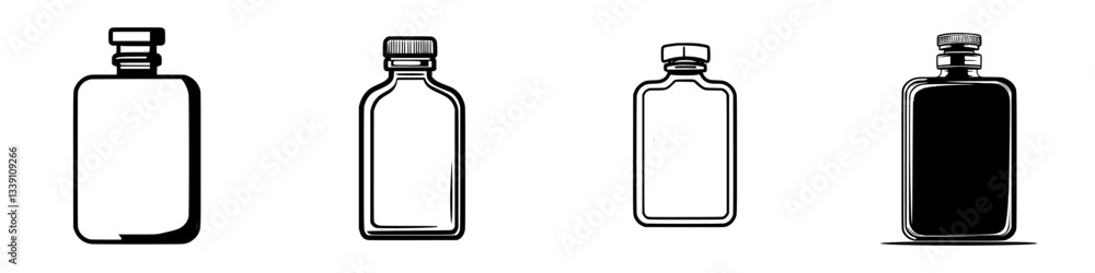 Poster collection of four vintage glass bottles arranged side by side on a plain background highlighting th