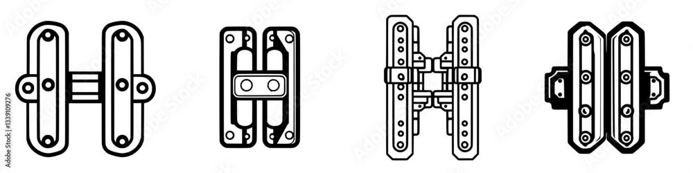 Poster various designs of mechanical hinges displayed in different orientations and styles