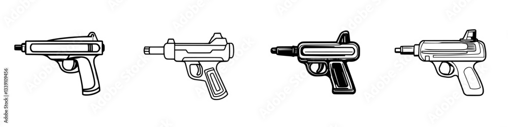 Poster various designs of handguns illustrated with simple lines and distinct features in a black and white