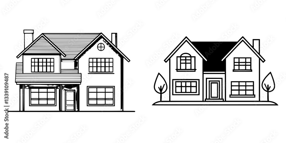 Poster architectural sketches of two distinct house designs showcasing different styles and features in a m