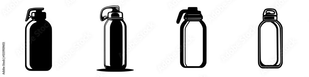 Poster various designs of water bottles displayed in a minimalist style with black and white color scheme