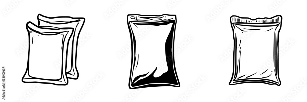 Poster variety of simple bag designs for packaging across different contexts displayed in a minimalistic st