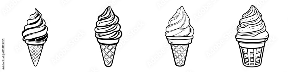 Poster different styles of ice cream cones displayed against a plain background with a variety of swirl des
