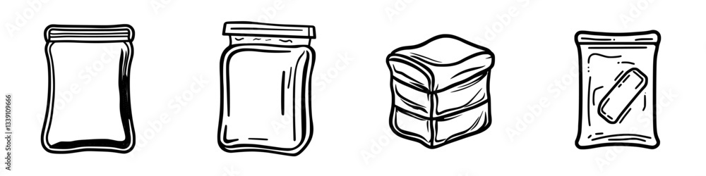 Poster different designs of empty packaging bags shown in a line with simple sketches on a white background