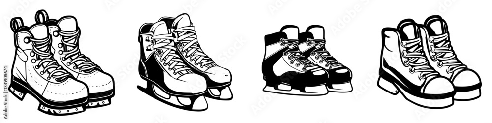 Poster different styles of ice skates displayed in a simple black and white design on a plain background