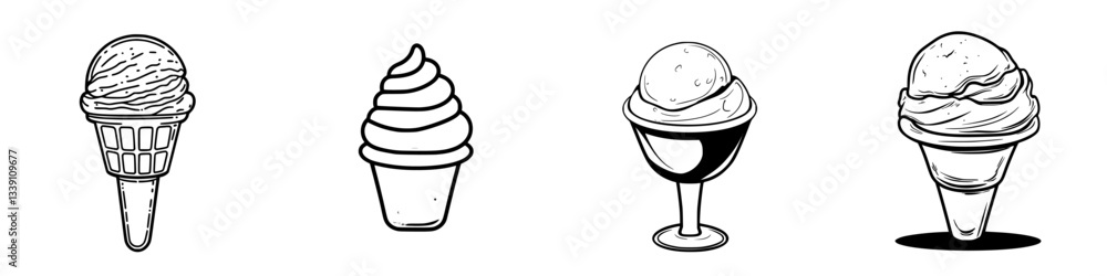 Poster ice cream cones and cups showcasing various styles and shapes in a cheerful dessert display
