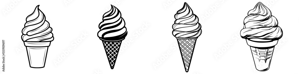 Poster various styles of ice cream cones with soft-serve designs on a white background showcasing different