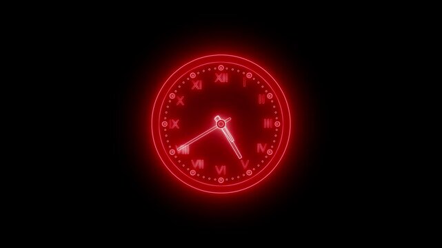 Glowing neon clock animation with Roman numerals on a black background