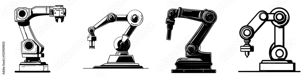 Poster different types of industrial robotic arms demonstrating versatility in manufacturing processes and 