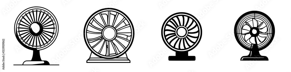 Poster different styles of fans displayed in a row, illustrating variations in design and functionality ove