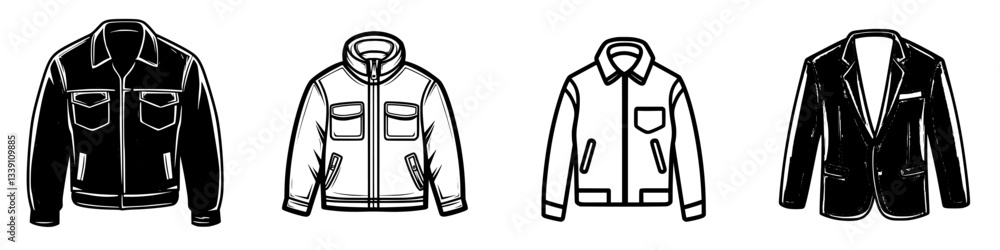 Poster collection of stylish jackets displayed in a minimalist design showcasing different styles and color