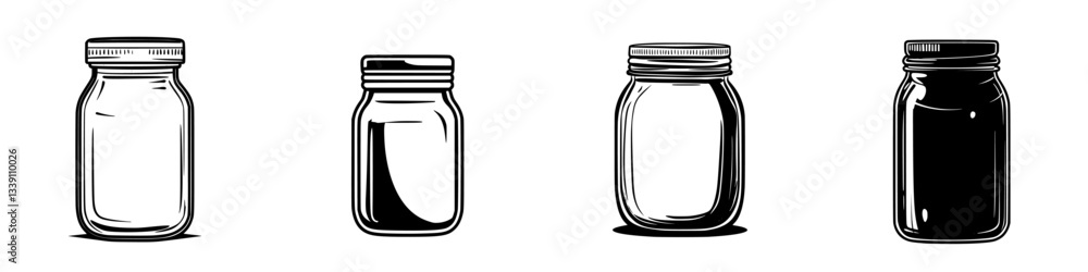 Aufkleber various glass jars displayed in a row showcasing different contents and designs in a minimalist styl