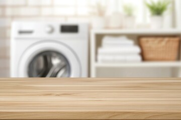Wooden countertop in a bright laundry room featuring a front-load washer and storage shelves